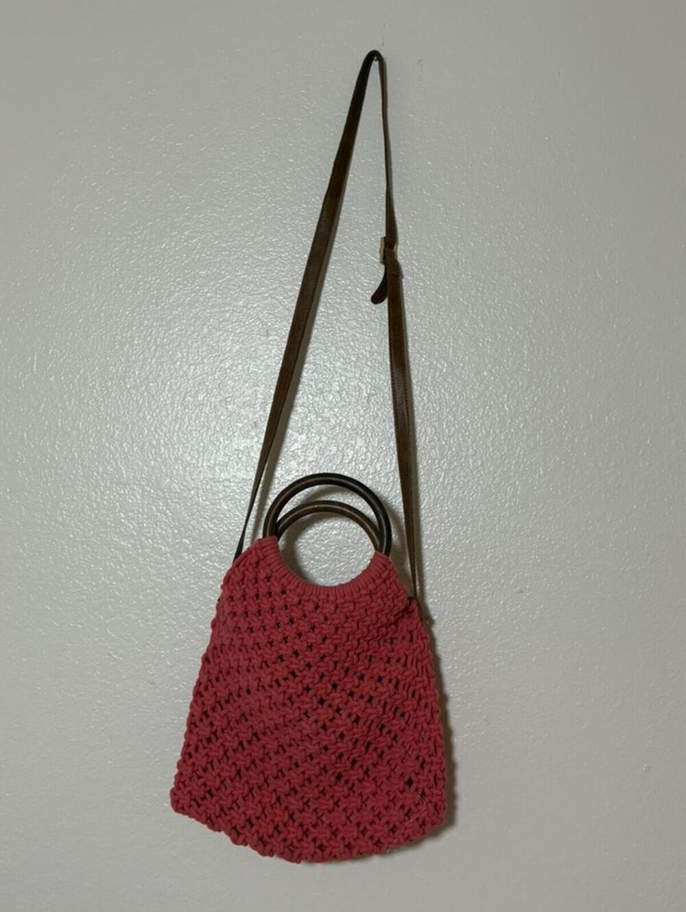 Sigrid Olsen Salmon Coral Chunky Macrame Woven Rope Tote Crossbody Bag